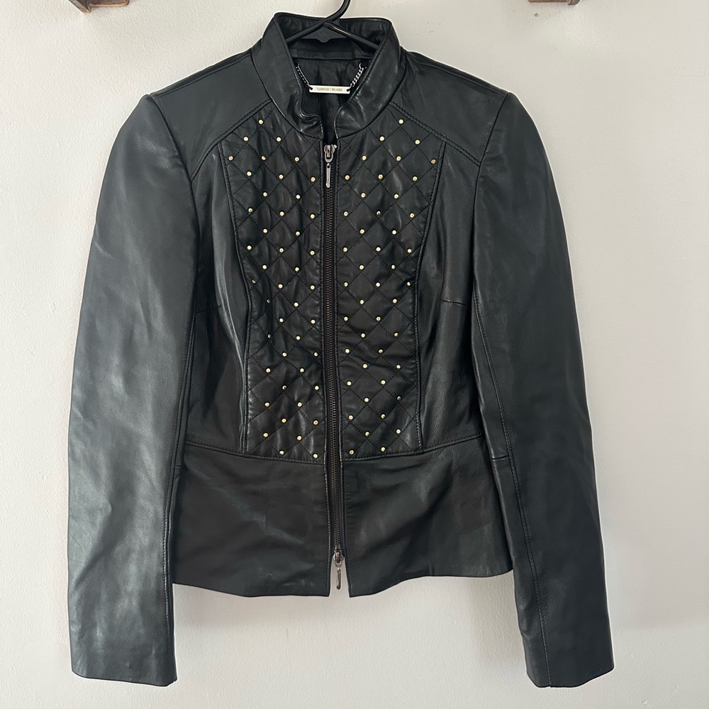 White House Black Market Black Leather Jacket with Gold Studs